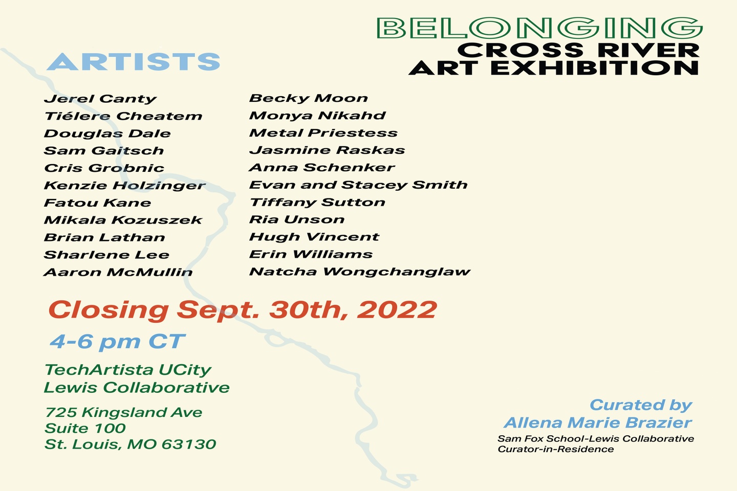 A multi-colored map on a cream-colored background with a list of student names, the curator's name, and the exhibition title.