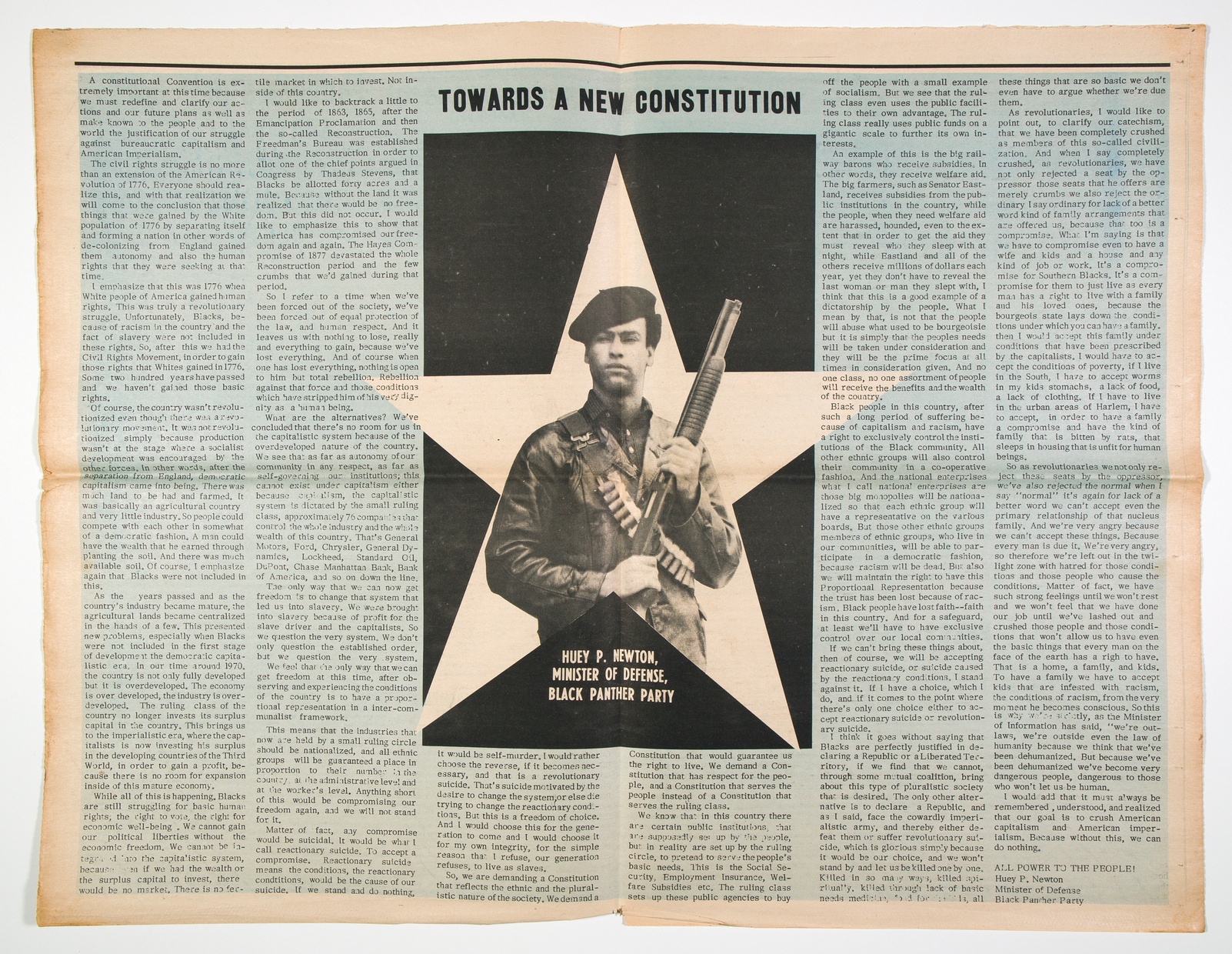 _Towards A New Constitution_ from _The Black Panther_ Vol. V No. 22, Saturday, November 28, 1970, ink on newsprint, 17 ½ x 23 ¾ inches, Tang Teaching Museum collection, 2021.2.1 
