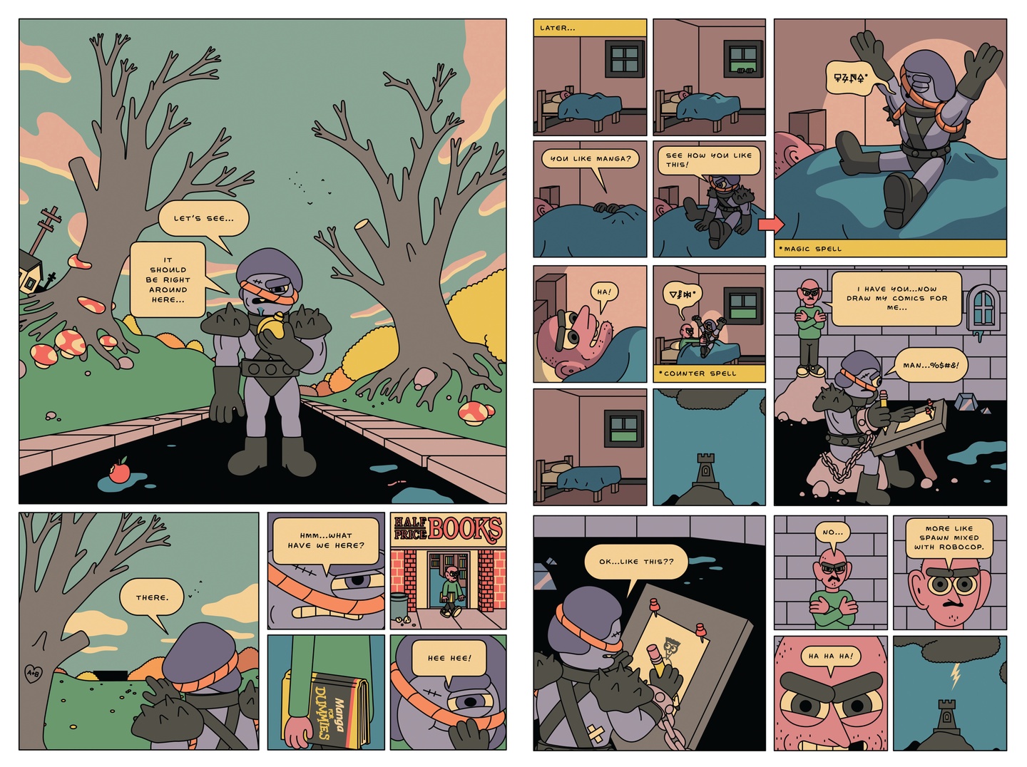 Two page comic about a purple person in armor who gets captured by a wizard and chained to a desk, forced to draw comics.