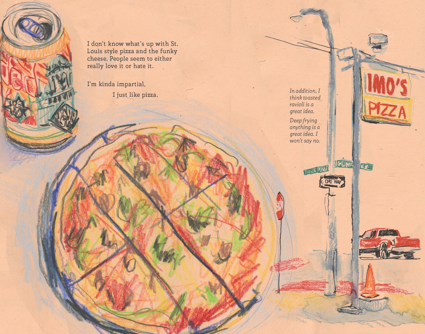 Drawing of a St. Louis style pizza cut into squares, a can of local craft beer, and a drawing of the Imo's Pizza sign on a street corner.