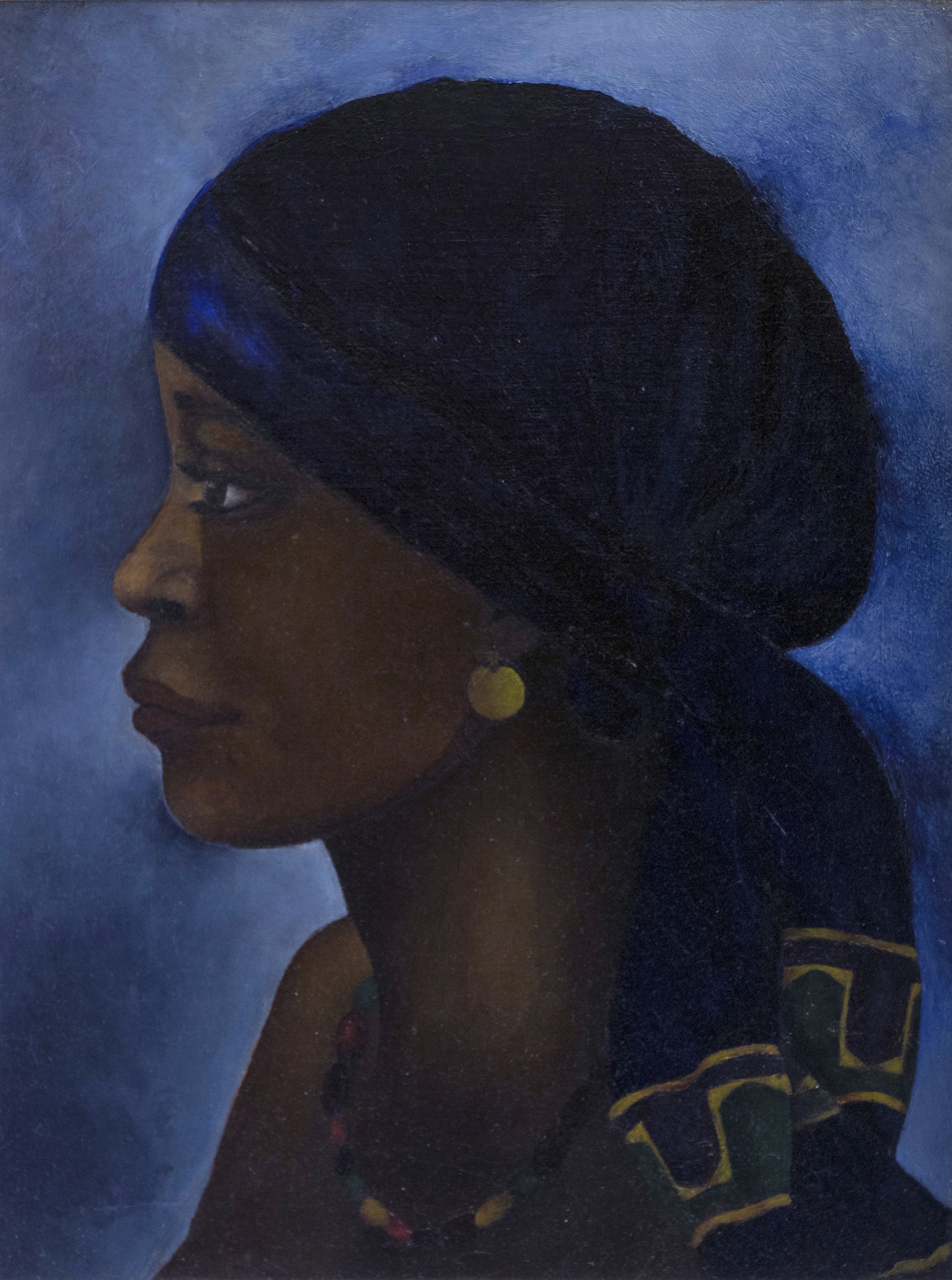 A painted portrait in profile of a Black woman wearing a headscarf, against a dark blue background