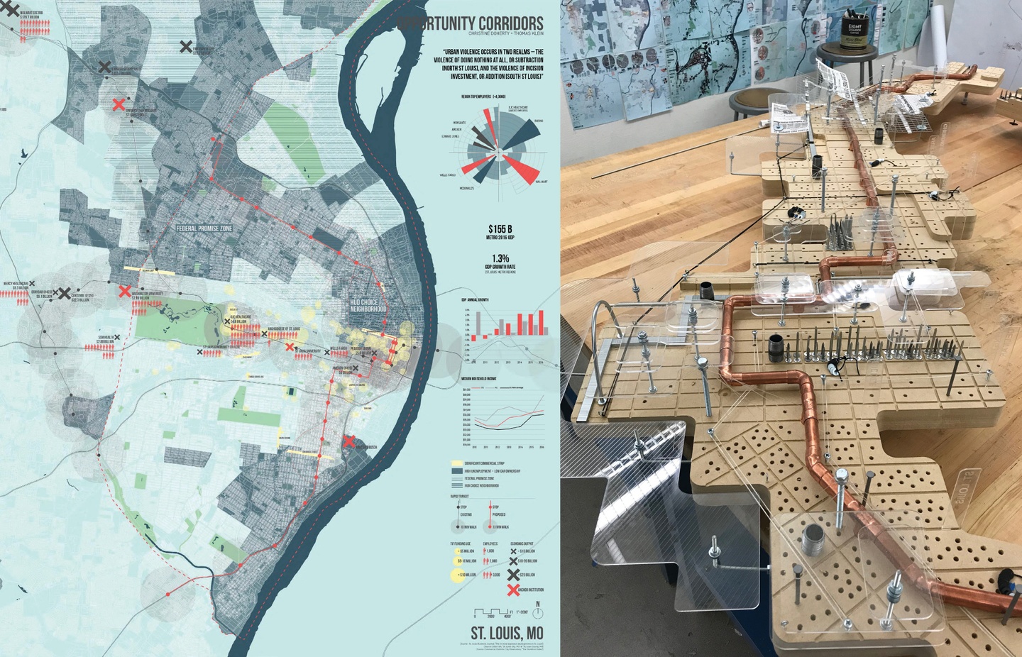 Two images: a map (left) and model (right) showing various ways urban violence transgresses in St. Louis