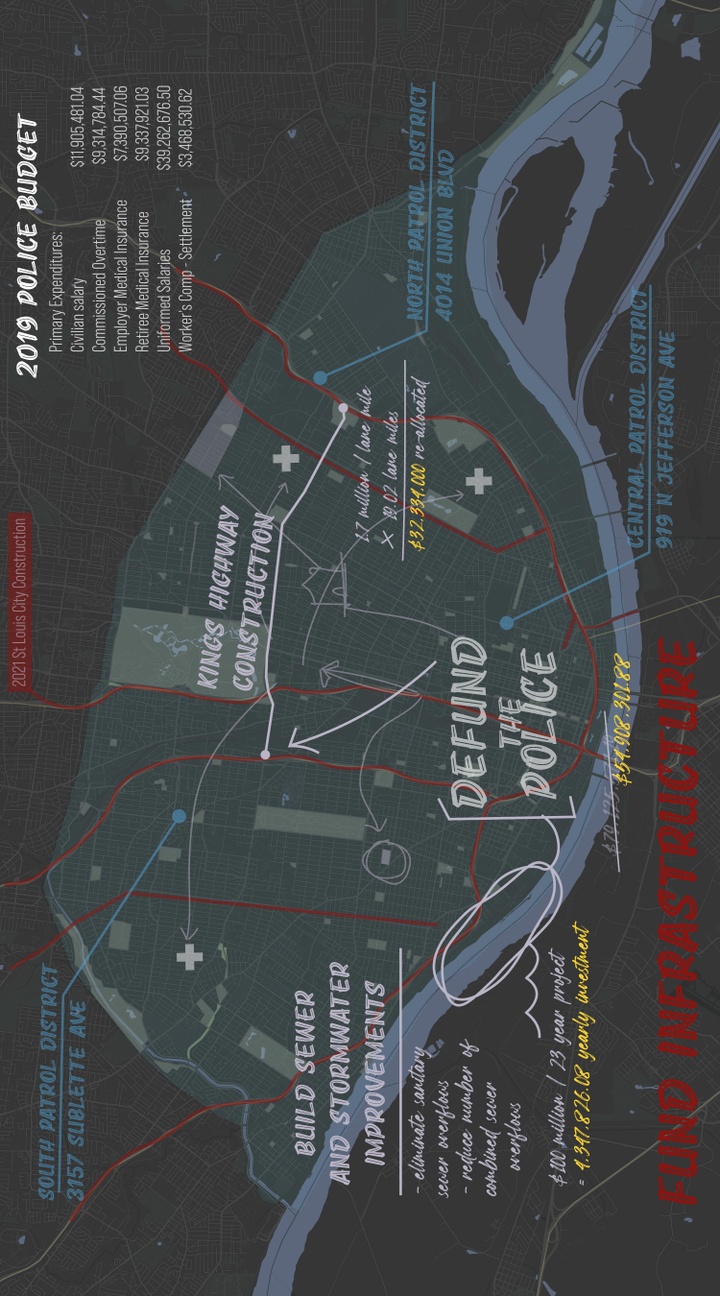 Gray map of the City of St. Louis on a dark background showing annotations.