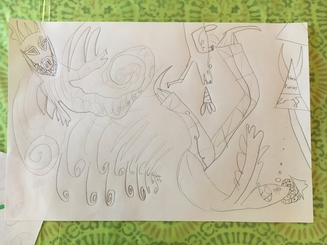 An abstract pencil drawing featuring an insect man, a dog eating a carrot, and a man falling on his back.