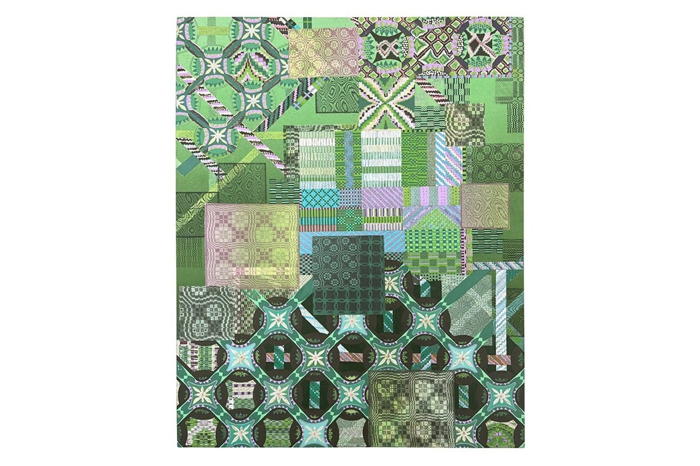 Sage Dawson, Eternal Loop: Lavender Lattice (2026) Reductive linoleum cut and  acrylic on canvas