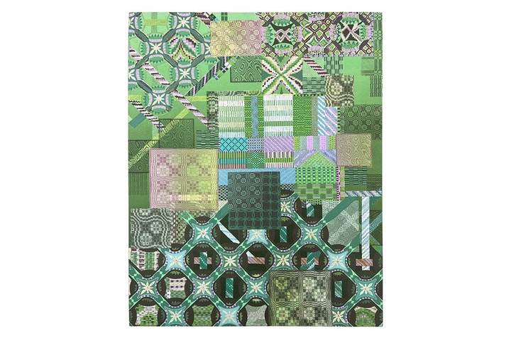 Sage Dawson, Eternal Loop: Lavender Lattice (2026) Reductive linoleum cut and  acrylic on canvas