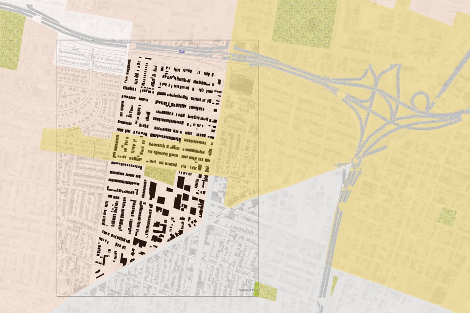 A map shows outlines of buildings and colored shapes overlapping around a neighborhood.