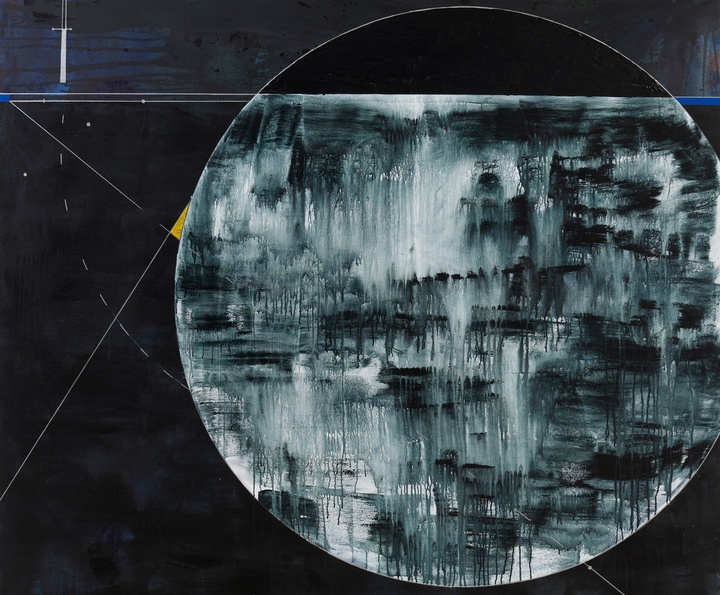 An abstract painting, mostly in dark blues and grays, with a large circle underpainted in white, adjacent to and bisected by lines
