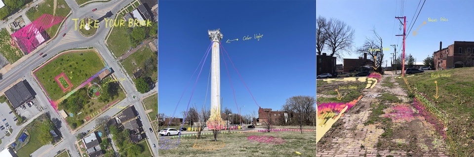 A collage of three pictures with drawings over them. The first picture shows an aerial view of streets and land, labeled with the words "Take Your Brick". The middle image shows a tall white column in a blue sky with the words "Colored lights" and colored lines drawn to the ground. The third image shows a picture of a brick path through a grass area with drawn walls, grass, and poles with colors. 