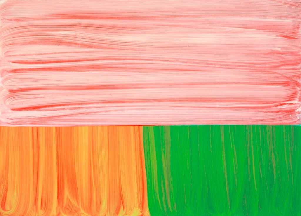 Oil painting split into 3 lines separating red, orange and green sections