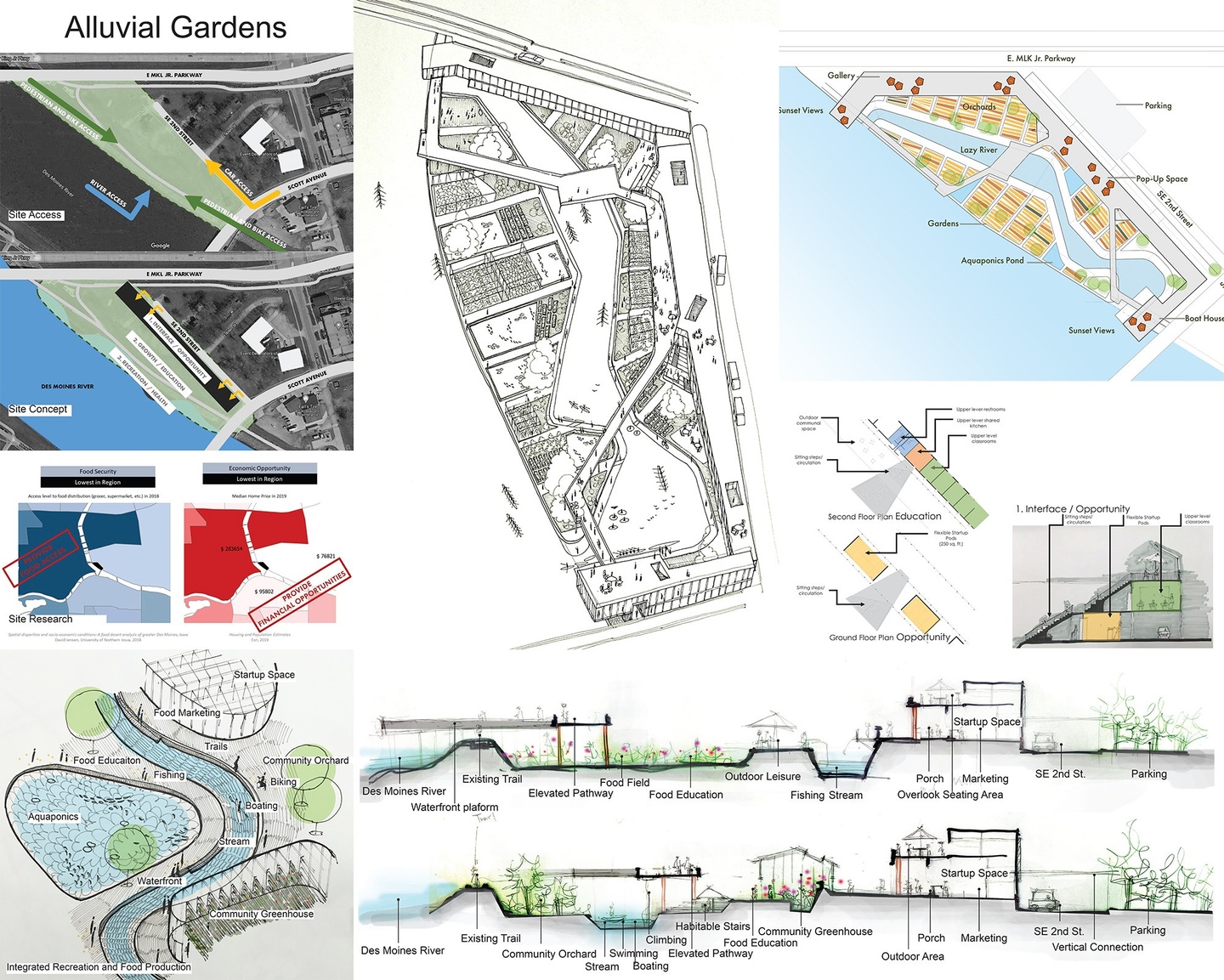 Proposal board for Alluvial Gardens, showing six different site plans. 