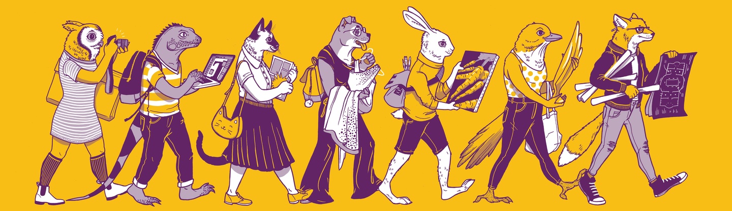 Illustrated banner of animals carrying artworks they've made to a portfolio review day.
