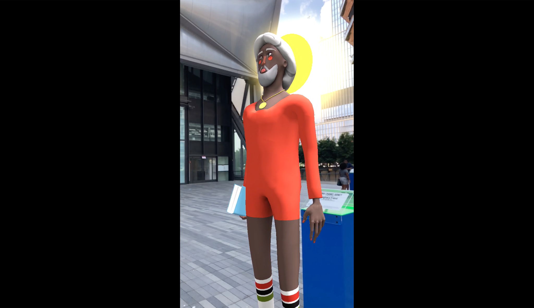 An augmented reality avatar of a person in a red shorts onesie, high top black sneakers, and knee-high athletic socks appears on an outdoor plaza