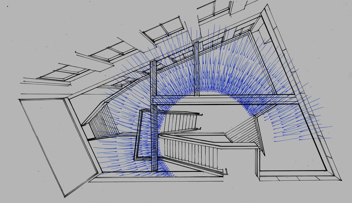Traditional architectural sketch of sculptural installation (in blue color) in the HQ space, of a slightly more complex design