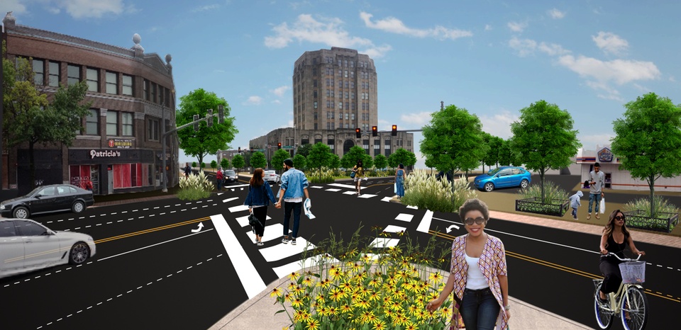 Rendering showing a street scene with people and walking, biking, and crossing the street.