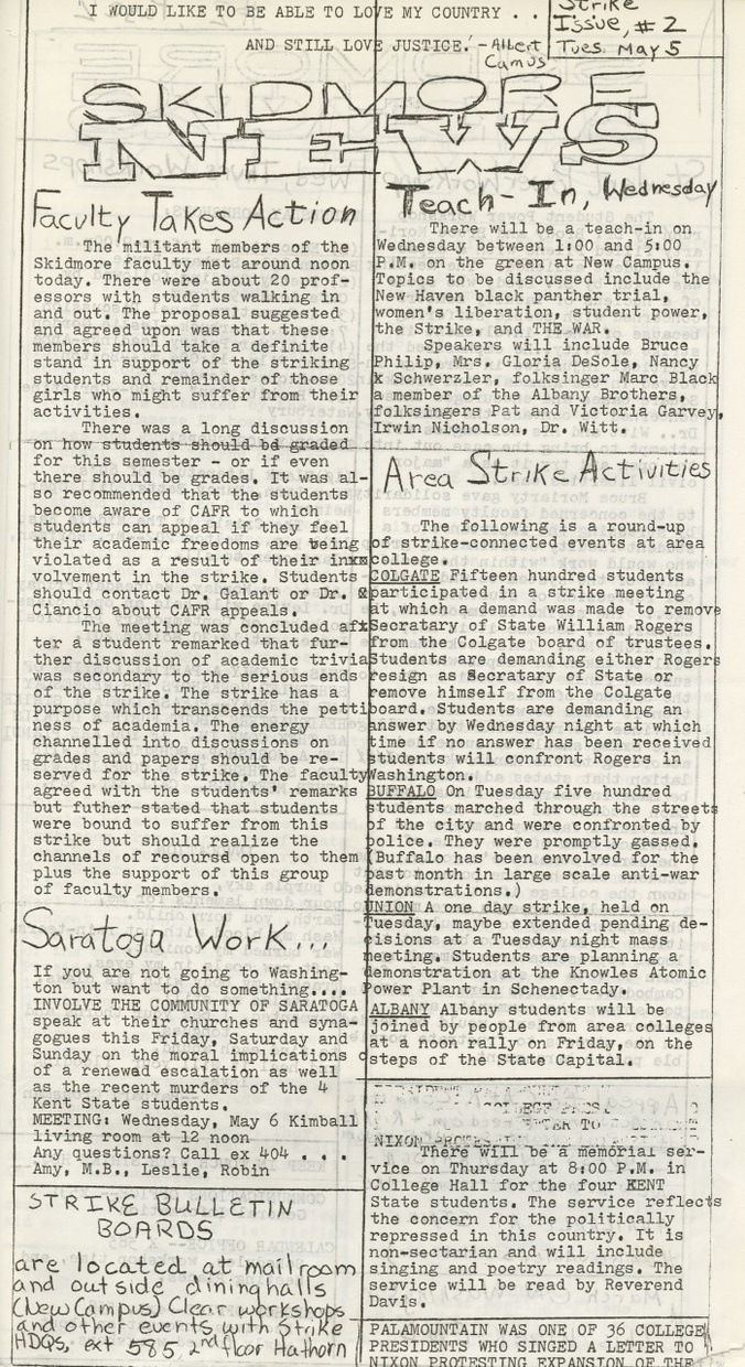 A page from the Skidmore News has multiple handwritten headlines appearing throughout two columns of text. Headlines include “Faculty Takes Action,” “Teach-In, Wednesday,” and “Area Strike Activities,” and “Saratoga Work.”
