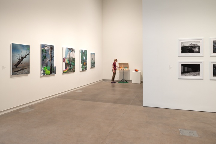 Overview shot of the back corner of the gallery space with paintings and photographs displayed.