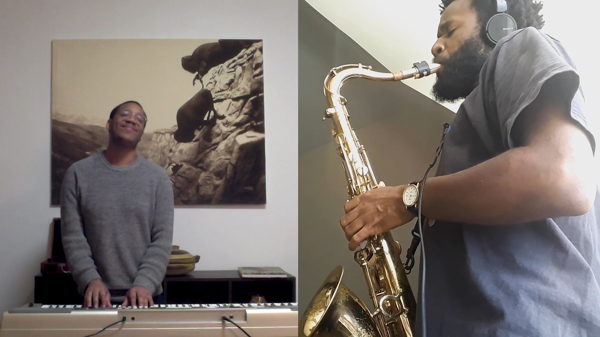 The artists Troy Anthony and Jerome Ellis depicted in a split screen video still with Anthony singing and playing piano against a photographic print and Ellis seen from below playing saxophone in a brightly lit alcove