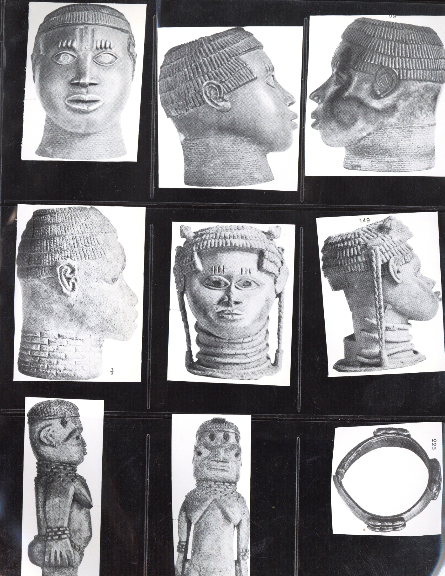  A digital collage of nine black-and-white images of Benin Bronzes arranged in three rows of three on a black background. 