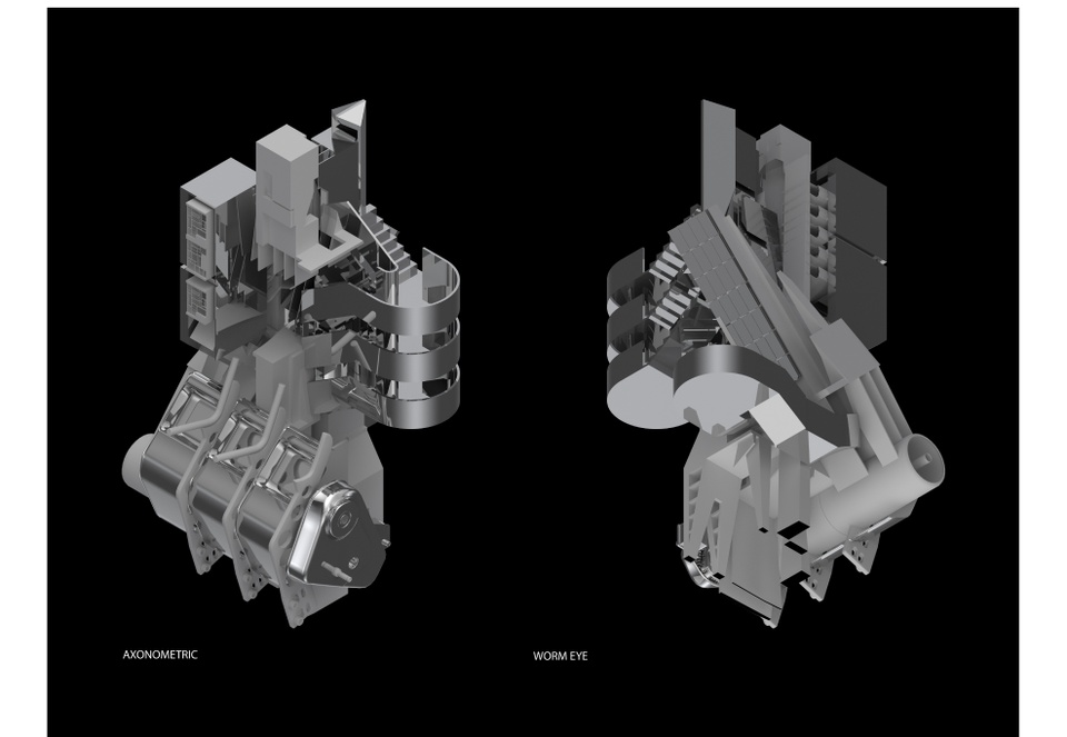 Side-by-side renderings of an steel-like architectural assemblage.