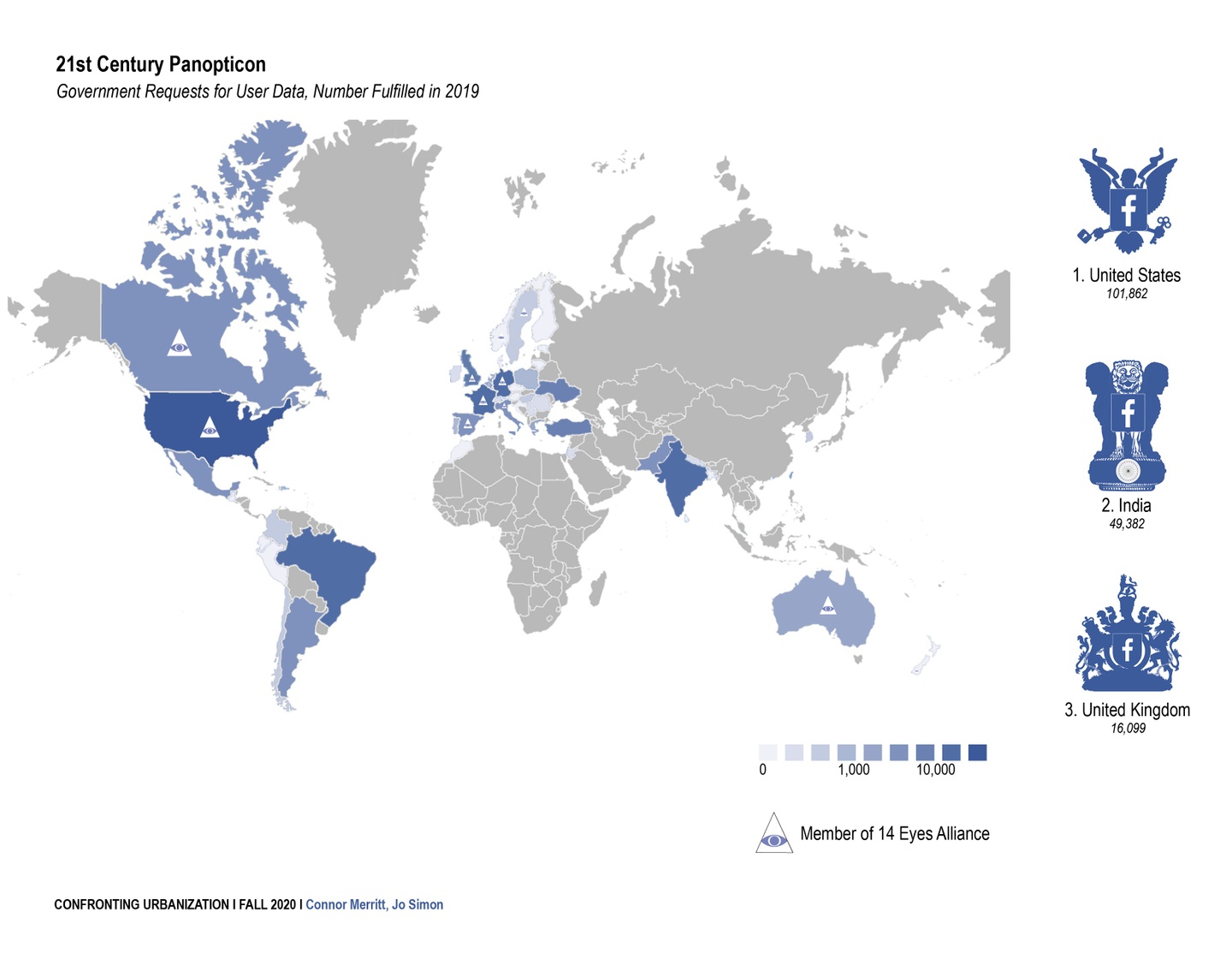 World map graphic rating different countries by number of government requests for user data fulfilled in 2019. The largest number is the US with 101,892 requests; second is India with 49,382 requests; third is the UK with 16,099 requests.