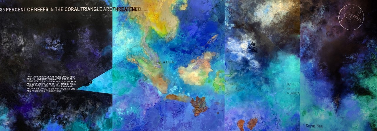 A map of water around Indonesia covered in yellow, blue, and black paint with the text "85 PERCENT OF REEFS IN THE CORAL TRIANGLE ARE THREATENED..."