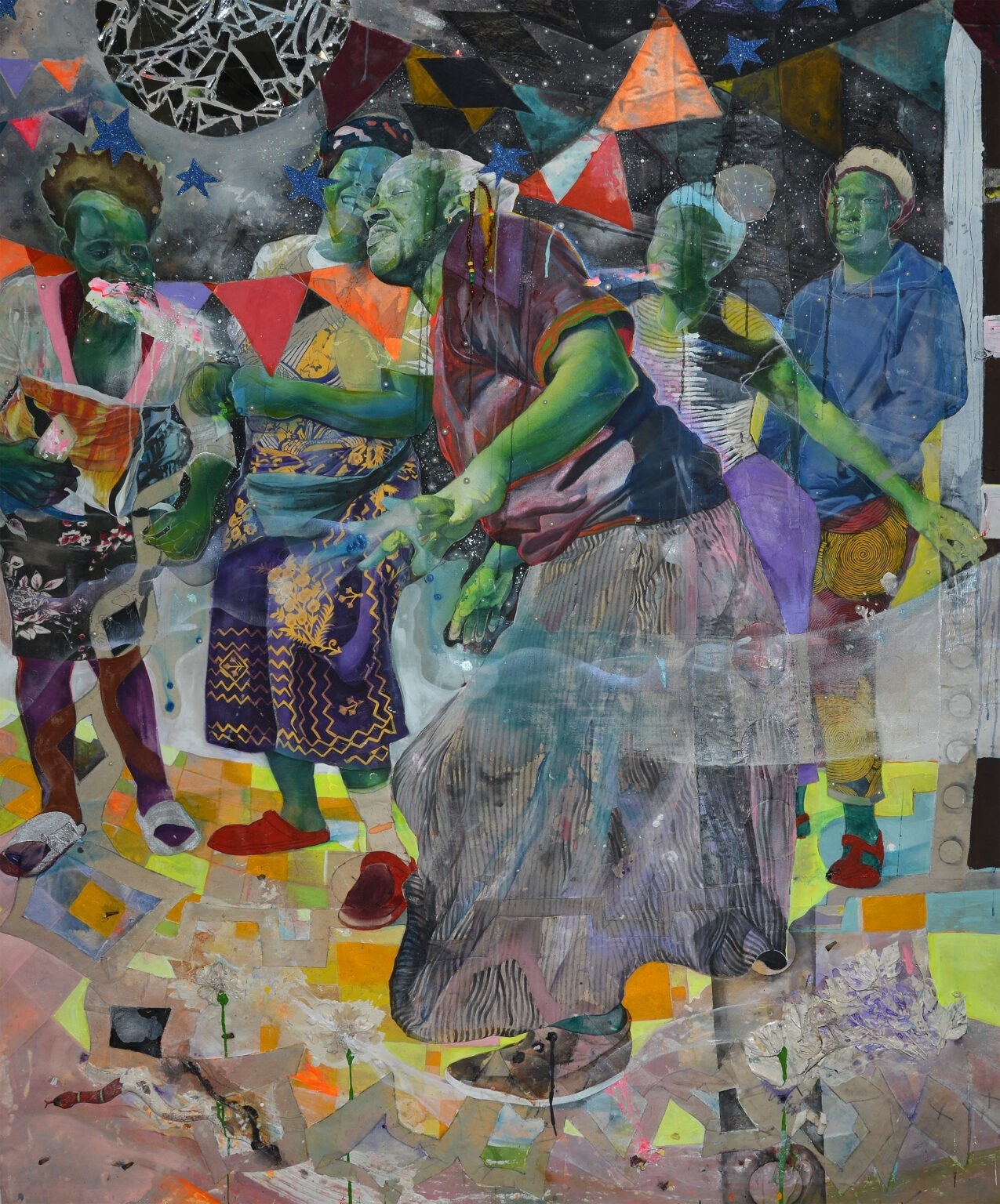 a colorful mixed media painting of people dancing, one man is in the foreground with 4 people behind him