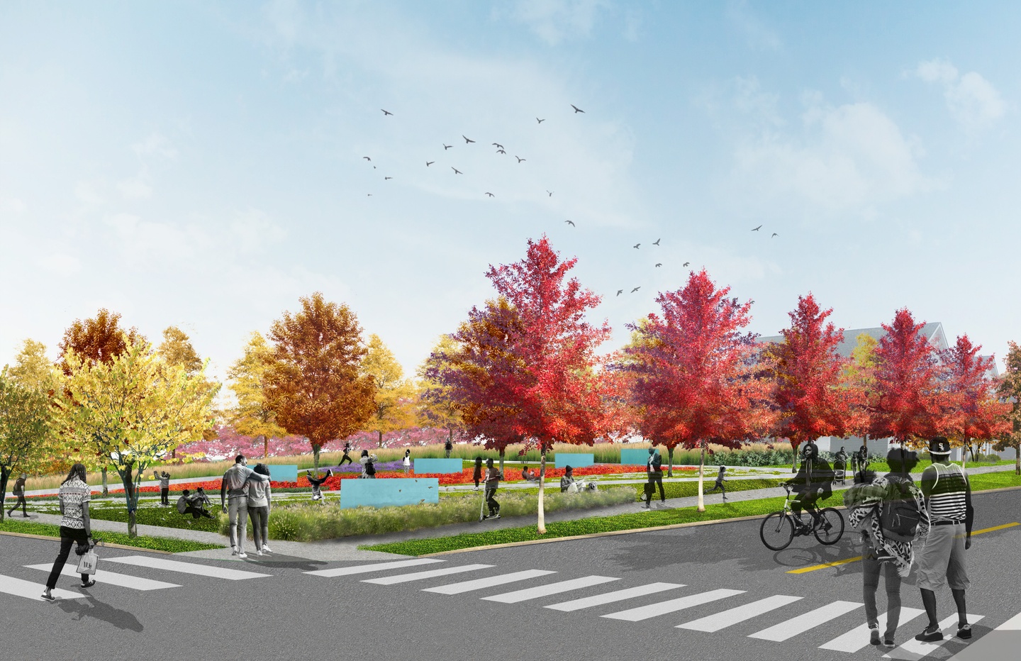 Rendering of a city park filled with medium sized trees with colorful fall foliage.