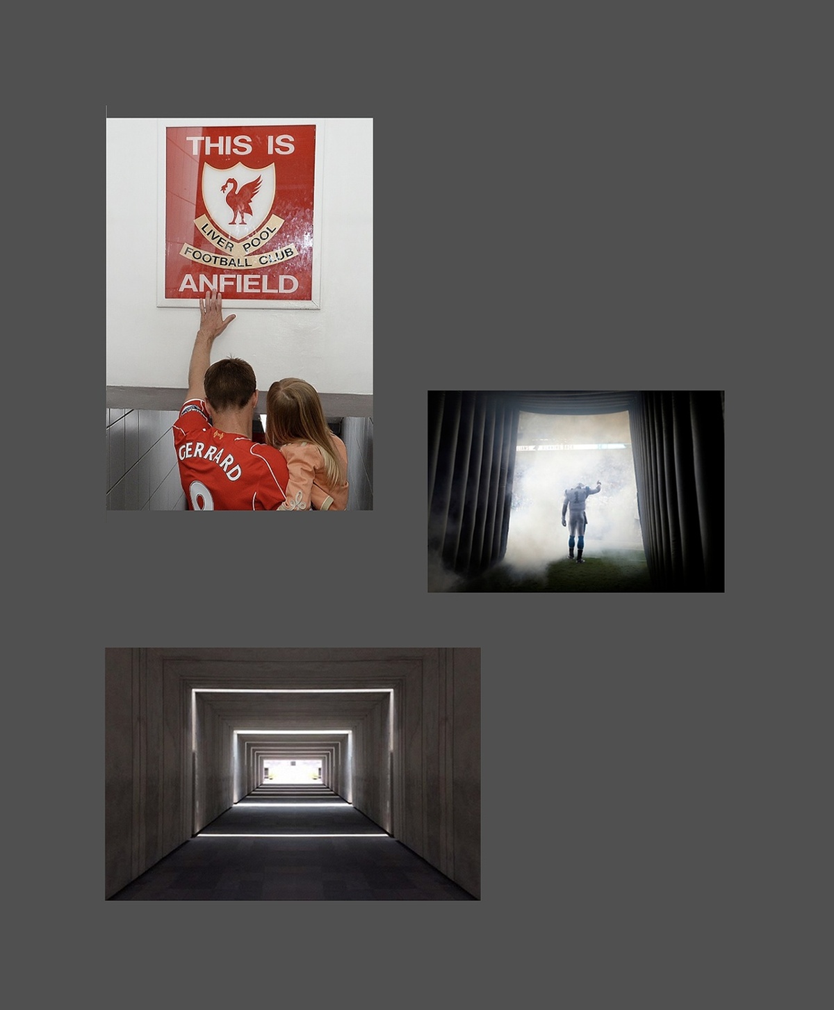 Moodboard of Liverpool fan touching the Ansfield sign, a football player walking into the stadium, and an reference piece of lighting design