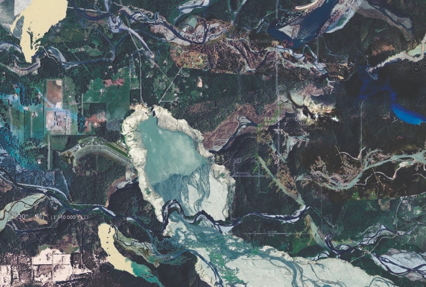 photocollage with an aerial view of land and water