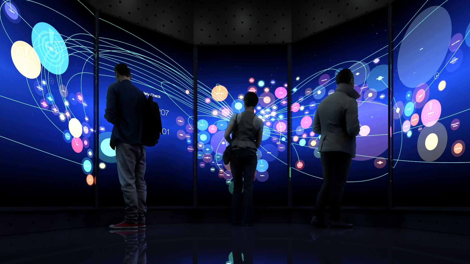 Three individuals standing in front of rich and colorful data visualization made of circles, lines and simple illustration