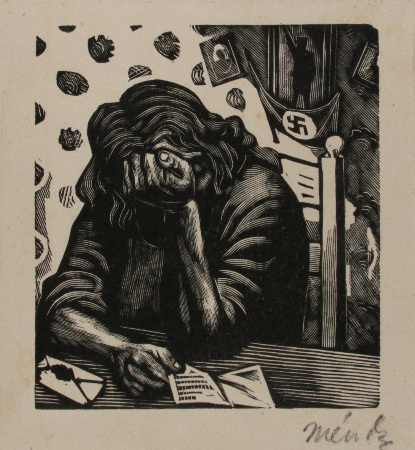 A woman reading a letter with her head in her hand