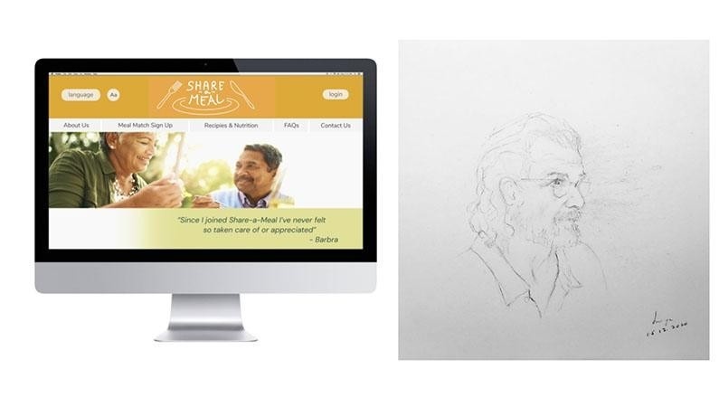 On the left, an image of a computer with two people on a website. On the right, a drawing of a person in pencil.