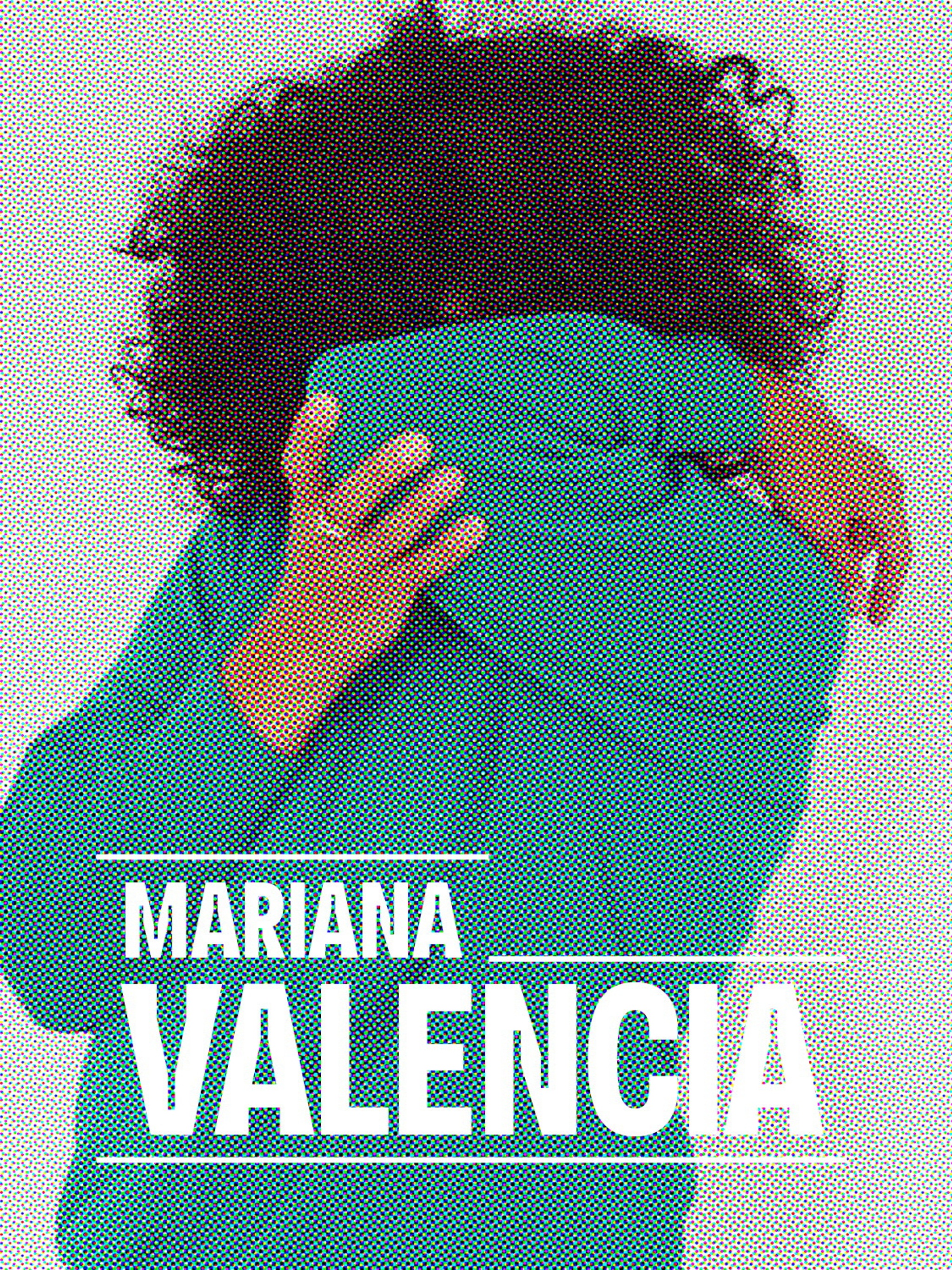 A photo of artist Mariana Valencia in a teal sweatshirt hiding their face behind their arm and elbow with the name Mariana Valencia superimposed in white type