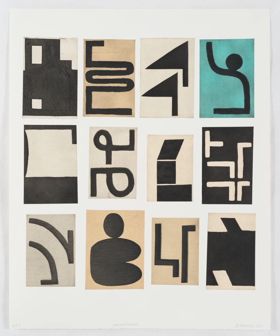 print with grid of abstract shapes in black and tan and blue