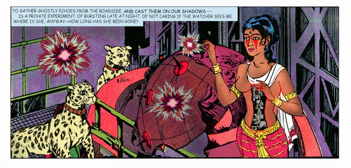 Comic book panel of woman and two leopards