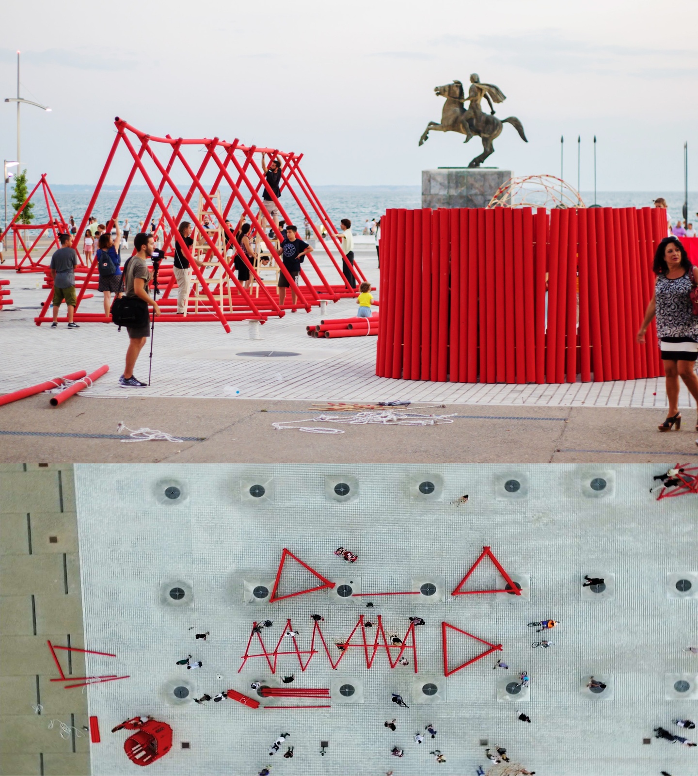 Public art piece making constructions with red tubes on a public plaza.
