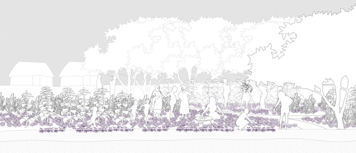 A black and white line illustration with purple accents
