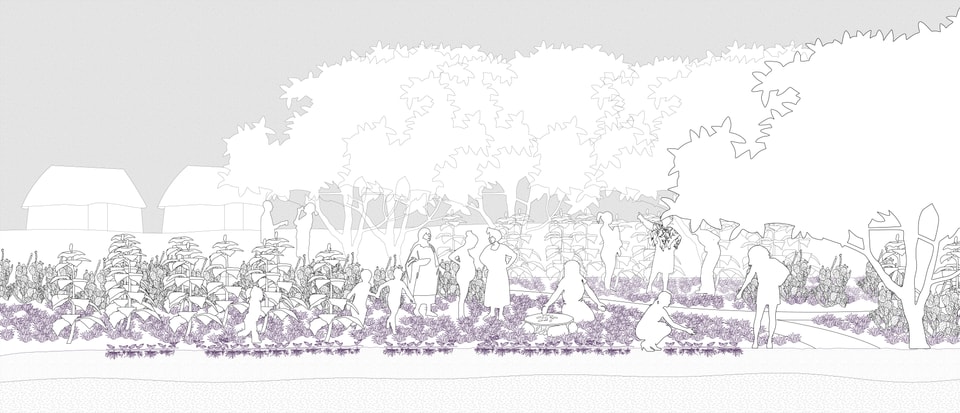 A black and white line illustration with purple accents