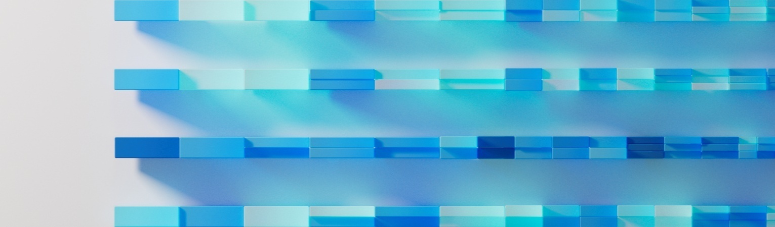 Horizontal design of semi-transparent rectangular blocks of various blues casting lights and shadows diagonally