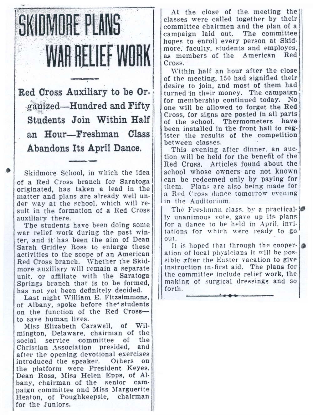 A black and white newspaper article excerpt with the headline “Skidmore Plans War Relief Work” in large font, followed by smaller text in two margins. 