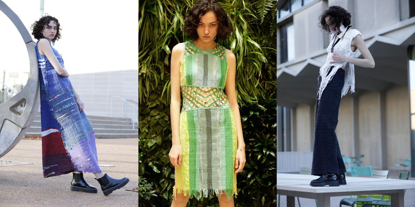 Three side-by-side images of a model wearing three different dresses made of recycled fabrics.
