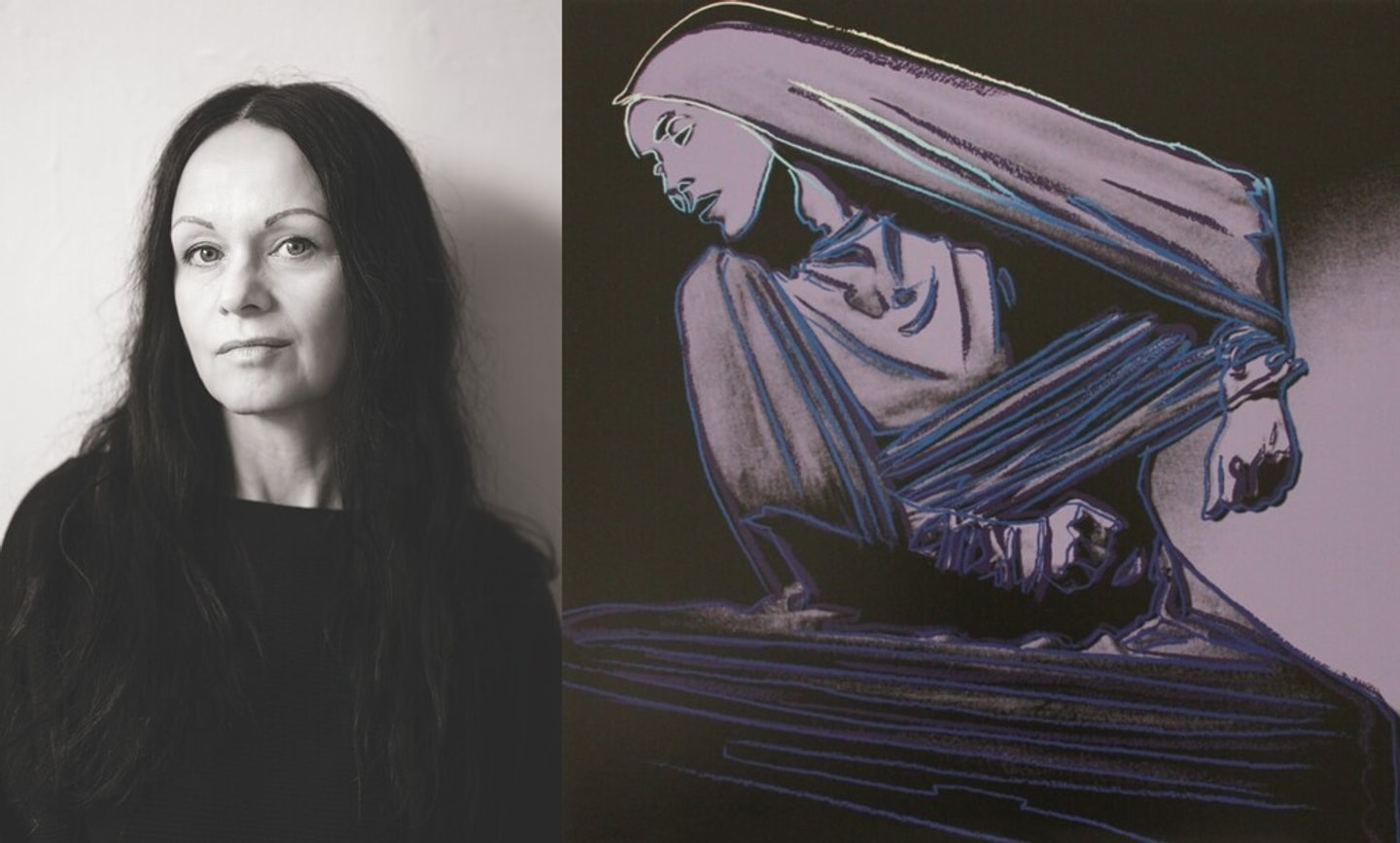 On the left is a black and white portrait of Monika Weiss. On the right is a screenprint by Andy Warhol titled Martha Graham.