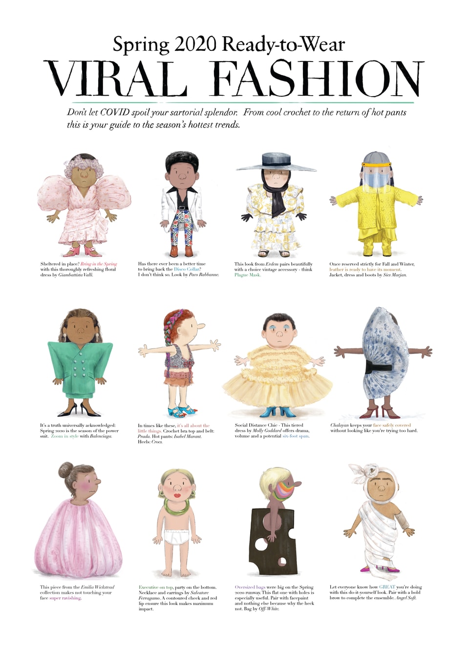 Poster with 12 illustrations of cute people wearing ridiculous pandemic-inspired outfits with quippy captions, such as a bag dress that does not allow you to touch your face.