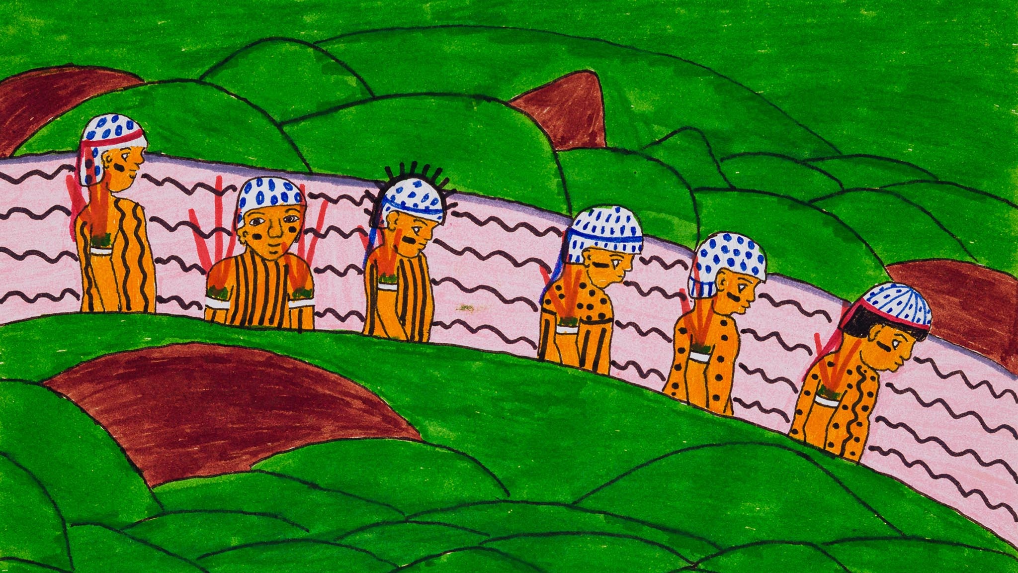 A felt pen drawing depicting a line of six Indigenous Yanomami people going down a river represented by pale pink water and squiggly black lines for waves. On either side of the river are rich green hills. The Yanomami wear white head coverings with blue designs of lines and dots and their bodies are decorated with lines and dots as well, representing body paint..