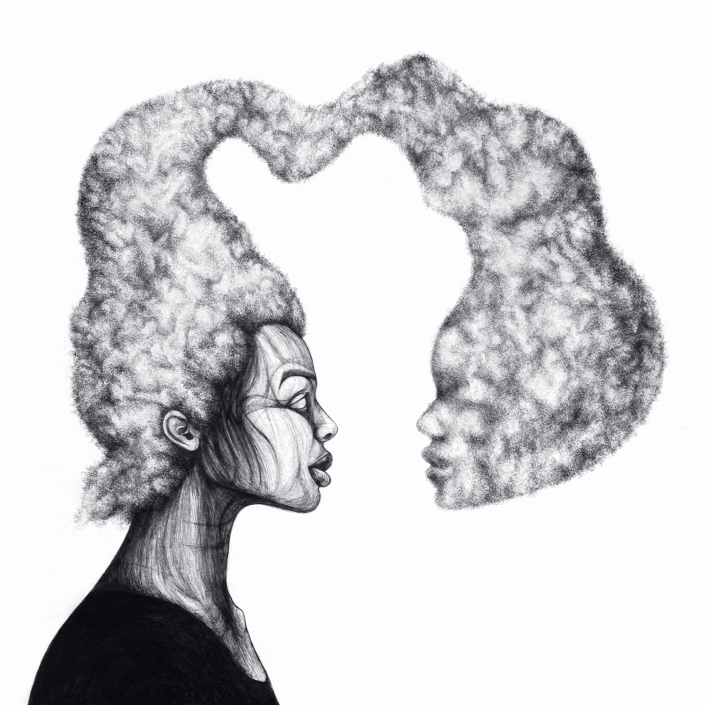 A line drawing of a figure in profile, with hair that is creating a cloud shape and appears to be looking at the face. The drawing is animated subtly to show the person blinking.