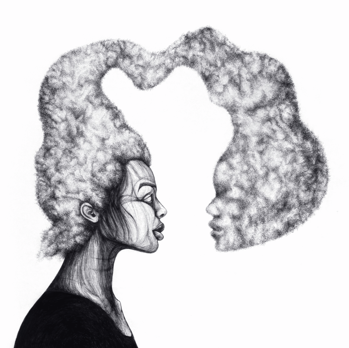 A line drawing of a figure in profile, with hair that is creating a cloud shape and appears to be looking at the face. The drawing is animated subtly to show the person blinking.