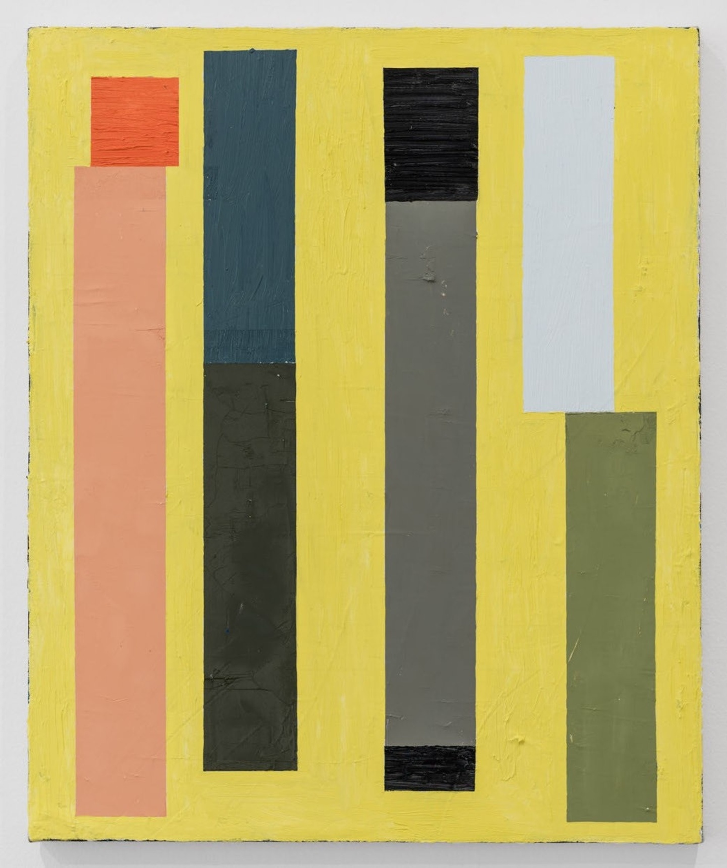 Yellow canvas with 4 vertical rectangular lines in orange, blueblack, blackgrey and white green