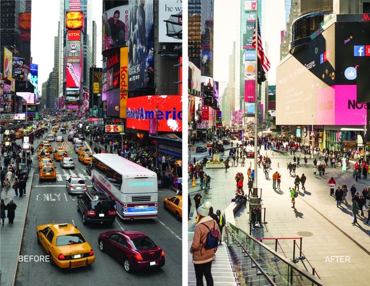 Side-by-side before-and-after image, showing a crowded Times Square street on the left, and that same space with a reimagined pedestrian-friendly plaza replacing the street on the right.