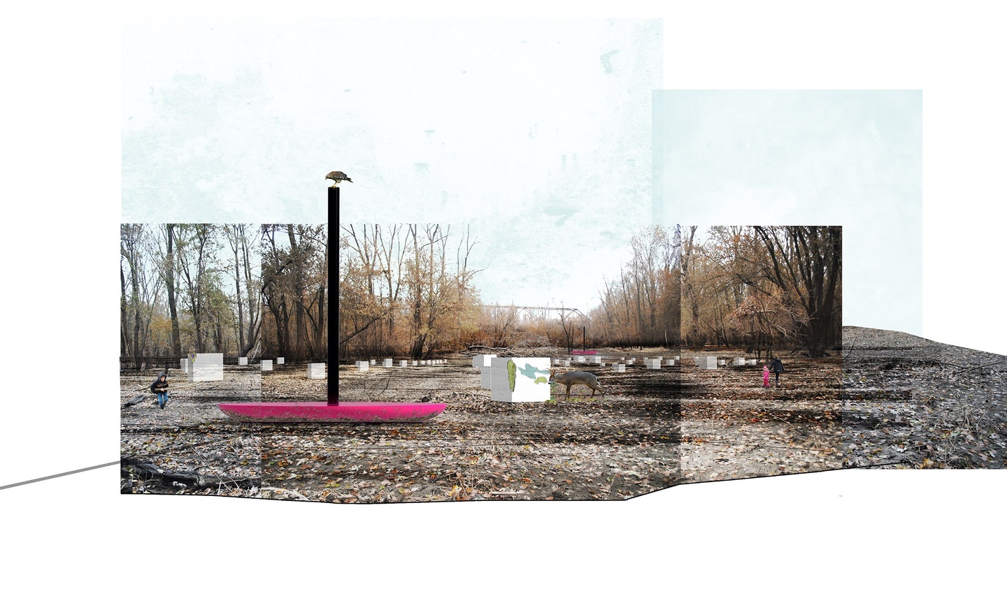 Rendered image of a barren gravelly area with a giant pink plate on the left